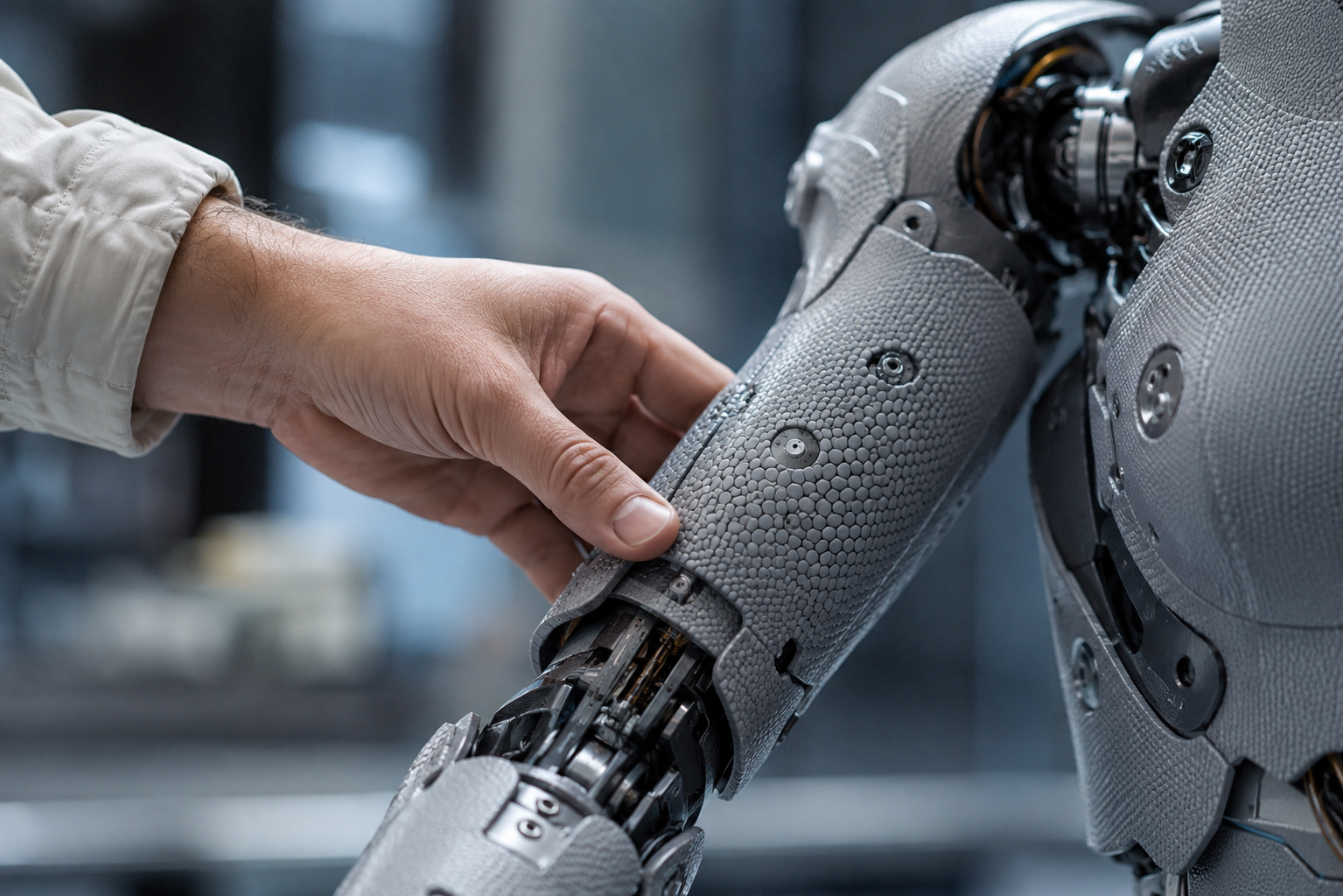 Industrial smart factory floor featuring humanoid robots working safely alongside human 
technicians.